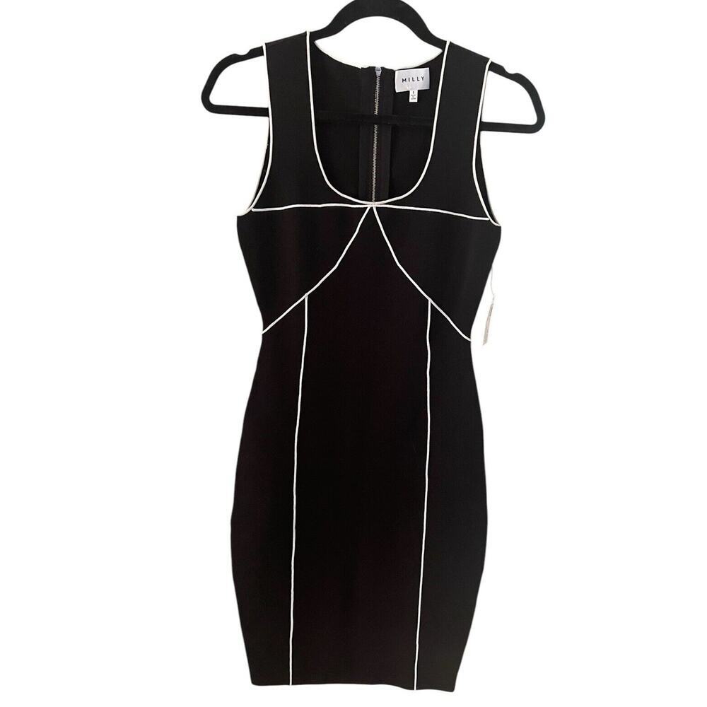 Milly Black White Trim Pencil Dress Ribbed Stretch Size Small NWT - Picture 3 of 10